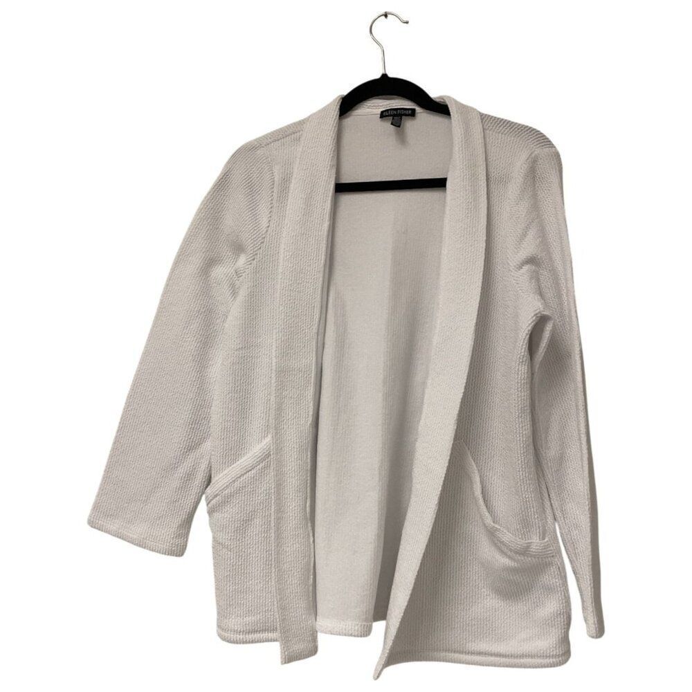Eileen Fisher Womens Cardigan Sweater Medium White Long Sleeve Organic Cotton
